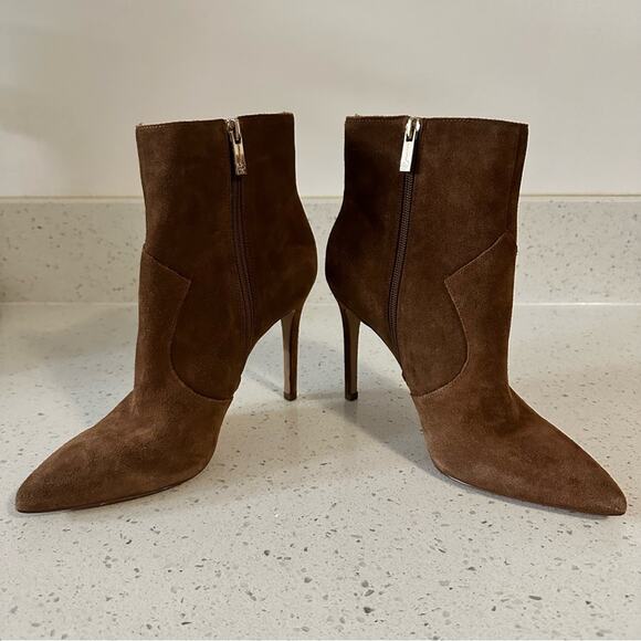 Jessica Simpson Fringe Brown Suede Pointed Toe Heeled Ankle Booties Boots 9M/40 - Picture 7 of 14
